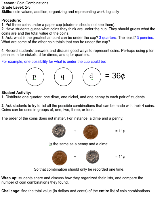 coin combinations activity