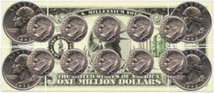 dollar with dimes and quarters on it