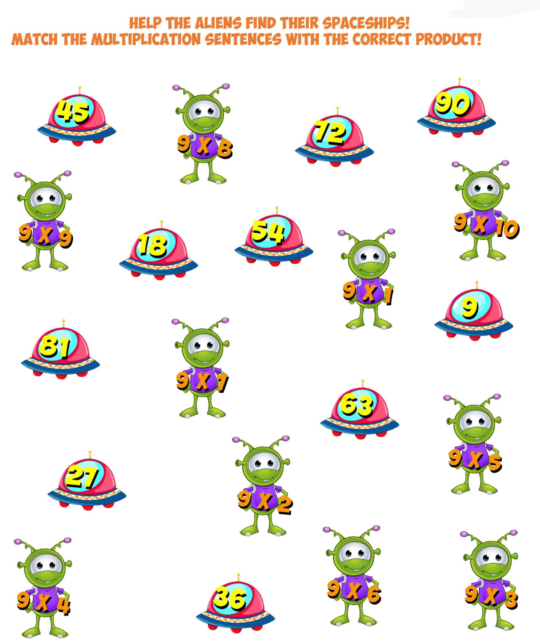 Alien Match Worksheet 9X Multiplication Facts - Mr. R.'s World of Math
