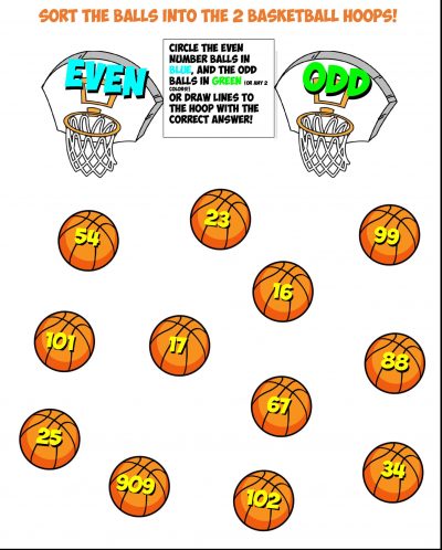 Basketball sort worksheet #6 EVEN ODD Numbers
